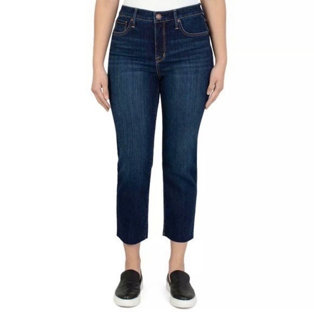 Seven7 High Rise Tower Straight Crop Raw Hem Denim Blue Jeans Size 8